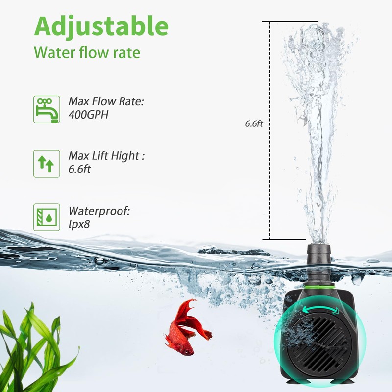 FREESEA Submersible Aquarium Fountain Pump: 400GPH 25W Adjustable Ultra Quiet