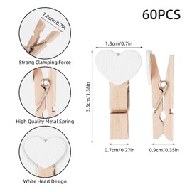 BigKego Pack of 60 Mini Photo Pegs, Heart Pegs, 3.5 cm, Wooden Pegs, Small Clothes Pegs, Decorative Pegs for Weddings, Photos, Card Decoration and Crafts