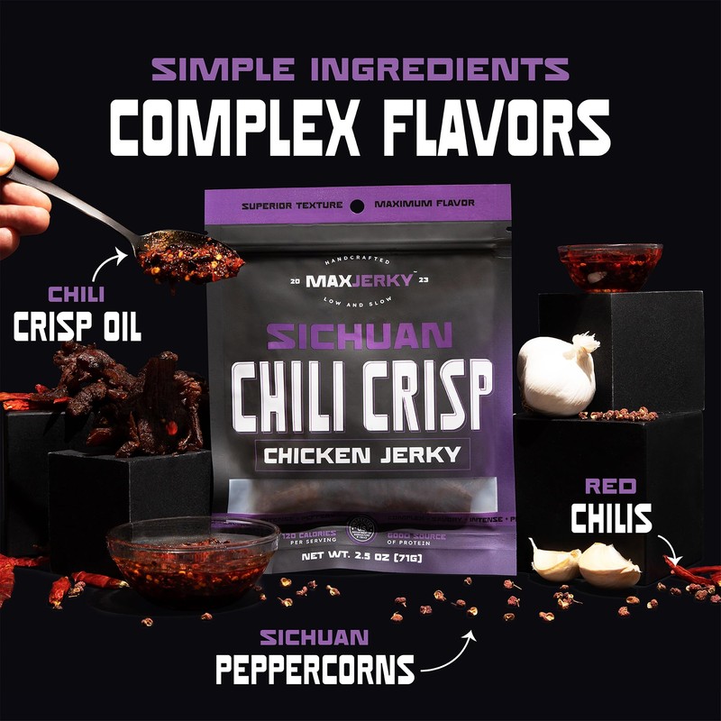 MaxJerky Sichuan Chili Crisp Chicken Jerky, 27.5 Grams of Protein,