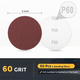 sourcing map 50 Pcs 125mm 5 Inch Sanding Disc 60 Grit Hook and Loop Sandpaper Random Orbital Sander Pads for Woodworking Automotive Metal