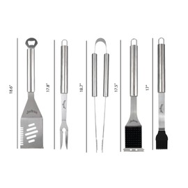Jim Beam 5 Piece Stainless Steel Grilling Tool Set - Grill Brush, Tongs, Basting Brush, Fork, and 4 in 1 Spatula with Extra Long Handles