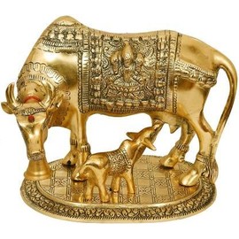 Kamdhenu Cow with Calf & Krishna Cow Idol Brass Pooja Idol (Brass) Size 14 cm Gift Item Good Luck