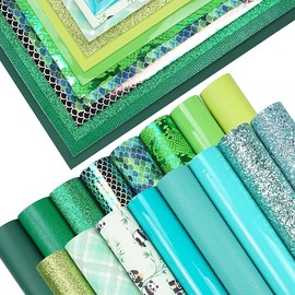 16 Pieces 8x6 Inch New Contrast Colors Blue Green Series Faux Leather Fabric Sheets Include Litchi Fine Chunky Glitter Panda Mermaid Scale Snake Texture Patent for Leather Earring Bows Making