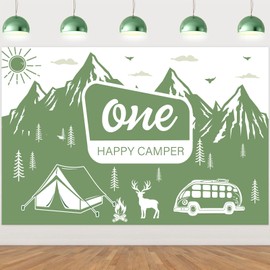 Camping 1st Birthday Decorations - One Happy Camper Backdrop, Adventure One Birthday Party Photography Background for Green Camper Mountain Campfire Tent Forest First Birthday Party