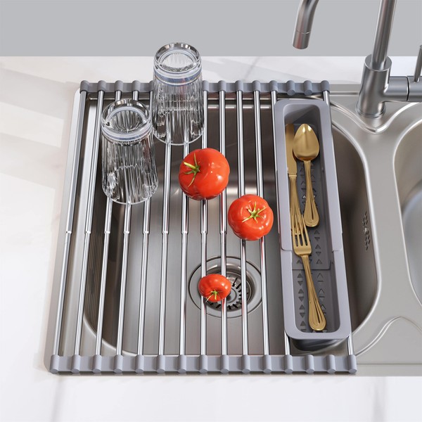 Sink Dish Drying Rack, Roll Up Dish Drying Rack, Over The Sink Dish Drying Rack, 304 Stainless Steel Kitchen Sink Rack with Utensil Holder (12.79"-23.23")