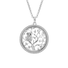 Necklace for Women Tree of Life with Cute Owl Pendant Necklace for Girls Long Chain Necklace with CZ Crystal (Silver plated)