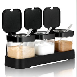 Mlici Condiment Jar Spice Container with Lids and Spoons, 8.6oz Clear Glass Condiment Canisters Pots Seasoning Box Salt Container Sugar Bowl Set of 3 for Kitchen, Containers, Black