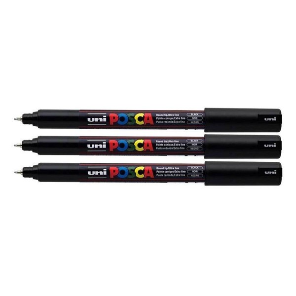 Uni Posca PC-1MR Marker, schwarze Farbe, für Stoff, Metall, Glas, ultrafeine Spitze 0,7 mm, schwarz, 3 Stück