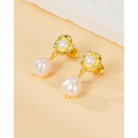 Pearl Earrings for Women 14K Gold Plated Baroque Freshwater Pearls Dangling Drop Earrings with 925 Silver Posts Fashion Trendy,Hypoallergenic Dainty Gold Earring for Bridal Wedding Prom Jewelry Gifts