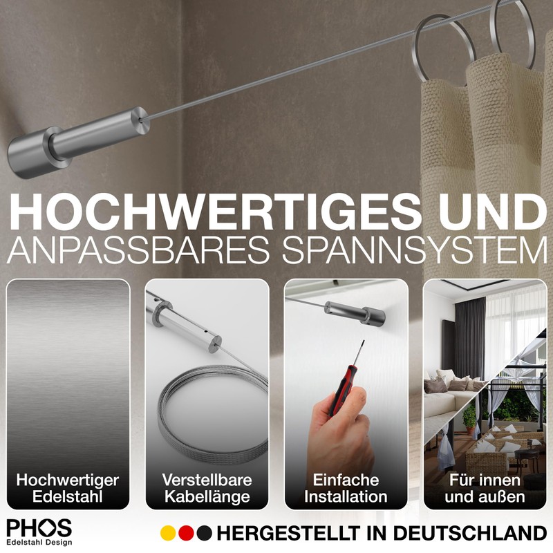 PHOS Design Rope Tension Set for Shower Curtain, Brushed Stainless