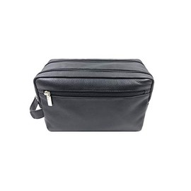 Ashlin Genuine Leather 2-Section Unisex Toiletry Kit, Leather Dopp kit 100% Genuine Full Grain Leather : Black