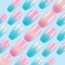 Medium Coffin Press on Nails, Glitter Colorful Fake Nails Short Squoval, Natural Round Square Glue on Nail Glossy Gel, Acrylic Dark False Nail Kit for Women, Reusable Stick on Full Nail