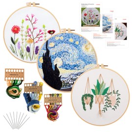 HomeChi Kit de Bordado, Kit de Punto de Cruz para Principiantes de 3 Piezas con Patrones Impresos e Instrucciones, Kit de Inicio de Bordado, Serie de Paisajes, Hilo de Colores, Agujas, Aros de Bordado de Bambú