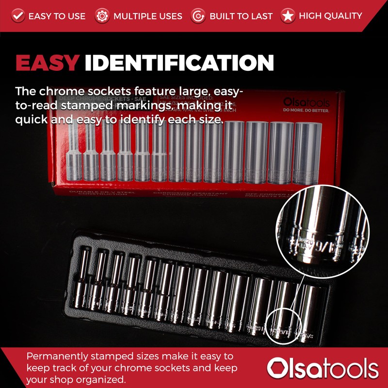 Olsa Tools SAE Deep Socket Set - 1/4-Inch Drive, 13pc