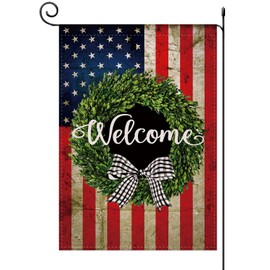 American US Flag Spring Boxwood Wreath 4th of July Garden Flag Burlap Vertical Double Sided,Welcome US Bow Patriotic Summer Farmhouse Rustic Flag Yard Outdoor Decoration 12.5 x 18 Inch