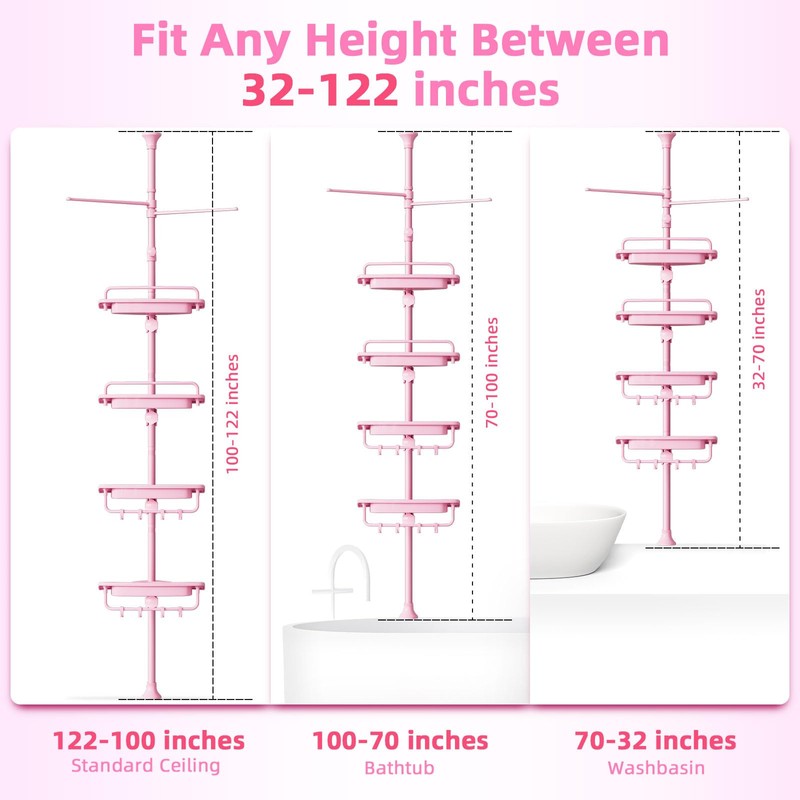 XLHOMO 32-122inch Corner Shower Caddy Tension Pole Pink, Rustproof Drill-Free