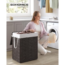 SONGMICS Laundry Hamper with Lid, 23.8 Gallon (90 L) Synthetic Rattan Clothes Laundry Basket with Lid and Handles, Foldable, Removable Liner, Chestnut Brown ULCB051K02