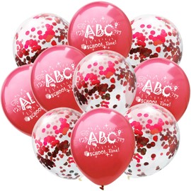 10 Stück Luftballons Einschulung, Schulkind Luftballons Schulanfang Deko, ABC Latex Ballons für Einschulung Deko Schuleinführung Schulkind Deko Einschulung Junge und Mädchen Rot und Konfetti Design