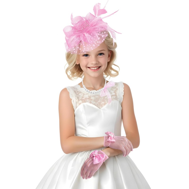 Bnsikun Girls Tea Party Fascinators Hats Lace Gloves Pearl Necklace