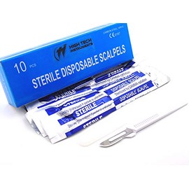 Disposable Scalpels High-Carbon Steel Blades, Plastic Graduated Handle, Sterile, Individually Foil Wrapped, Box of 10 (Disposable Scalpel #10)