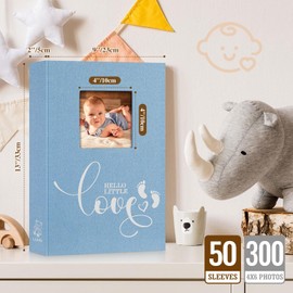 Lanpn Baby Photo Album 4x6 300 Pockets, Linen Hardcover Newborn Memory Book with Memo Writing Area, Bebe Photobook, Slip-in Picture Book, Ultrasound Album Keepsake Gifts for Boy Baby Shower Blue