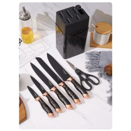 Chef Knife 7-Piece Chef Knife Set, Black and Gold, with Built-in Sharpener and Marble Base