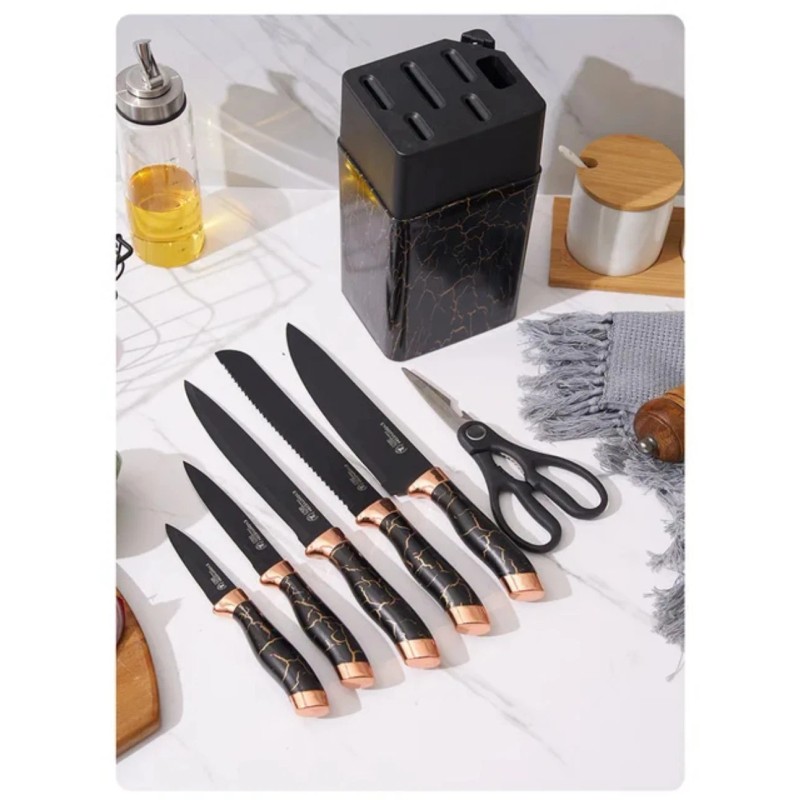 Chef Knife 7-Piece Chef Knife Set, Black and Gold, with