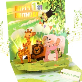 Musical Birthday Card for 1st Kids, 3D Animals Pop-Up Birthday Cards/Gifts for 1-year-old Boys Girls Kids Grandson Granddaughter Niece Nephew