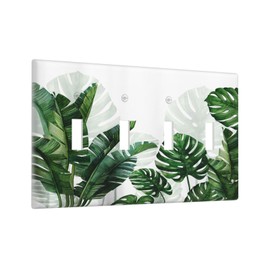Tropical Green Plant Leaf Palm Tree Light Switch Cover Plate 4 Gang Decorative Wall Plate Quad Toggle Electrical Switchplate Large Size for Living Room Home Decor
