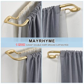 Mayrhyme Double Curtain Rods, Wrap Around Curtain Rod for Windows, Internal Splicing 1'' Front and 5/8'' Back Adjustable Curtain Rod with Aluminum Finials and Brackets (Brass, 28-120")