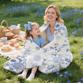 yuboo Blue White Spring Summer Floral Throw Blanket, Chinoiserie Flower Gifts for Women Kids Girls, Soft Flannel Hummingbird Blanket for Nautical French Country Coastal Victorian Decor, 50 x 60In