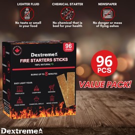 Dextreme Fire Starters Sticks 96 Pcs - Fire Starter for Campfire, Charcoal, BBQ, Grill Pit, Fireplace, Camping, Wood & Pellet Stove- 8 Minutes Burning Time - All weather, Odorless, Natural Firestarter