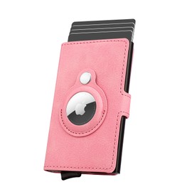 WALLFID AirTag Wallet Credit Card Holder for Men, Leather Card Holder, RFID Blocking Pop Up Metal Bank Card Holder, pink, Modern functionality