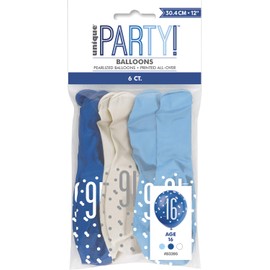 Unique 83395 Polka Dots 16th Birthday Latex Balloons, 12" | Assorted | 6 Pcs, Blue, Age 16