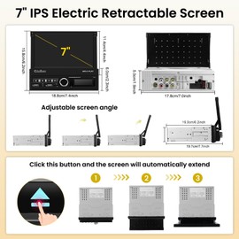 (Motorized) Hikity Single din Car Stereo with Wireless Carplay Android Auto, 7'' IPS Motorized Flip Out Touchscreen Bluetooth Car Audio Receiver, Mirror Link FM Radio SWC Backup Cam Aux/USB+TF Card