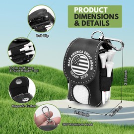 Golf Ball Bag Pouch with Golf Tee Holder Leather Golf Ball Pouch with Belt Clip Golf Ball Bag for Men and Women Storage Gift (Black(MAGA))