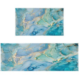 Teal Kitchen Rugs Sets of 2 Non Slip Blue Gold Turquoise Marble Kitchen Mats for Floor with Rubber Backing Washable Kitchen Runner Rug Carpet 17"x47"+17"x30" for Hallway Laundry