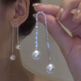 Allereya Vintage Pearl Dangle Earrings Crystal Tennis Chain Dangle Drop Earrings Silver Cz Long Pearl Drop Earrings Rhinestone Chain Drop Earrings Jewelry for Women and Girls