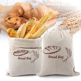 Gzerma 2 Pack Bread Bags for Homemade Bread Sourdough, Reusable Linen Bread Storage with Plastic Lined Bread Container Baking Supplies Fresh Keeping Food Bag