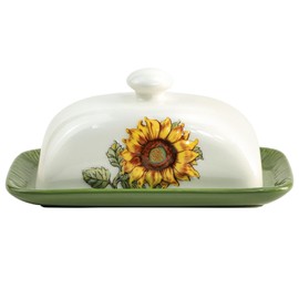 Bicuzat Ceramic Butter Dish with Lid Butter Keeper Butter Plate Tray for Kitchen Countertop Embossed Sunflower Pattern Butter Crock Keeper Saver