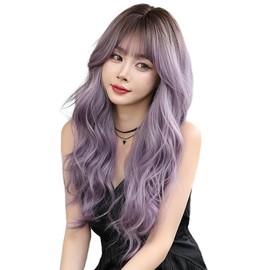 AIKO PRO 24 Inches Long Wavy Curly Wig for Women Purple Gray Synthetic Hair Natural Curly Wig With Airy Bangs Party Cosplay Wig, Ombre Purple