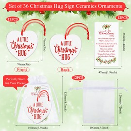 36 Pcs Christmas Ornaments Bulk Gifts Thank You Gifts for Coworker Employee Appreciation Christmas Hug Ceramic Signs with Cards Organza Bags for Xmas Holidays Tree Office Decoration (Heart Style)
