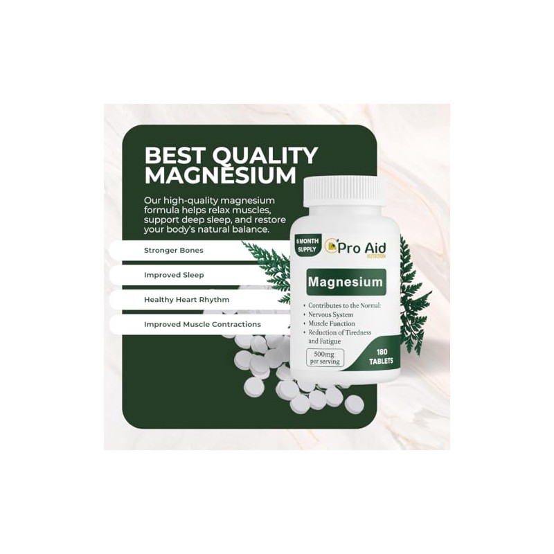 Magnesium Tablets 180 Pack by ProAid | Vegan & Vegetarian