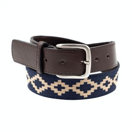 GauchoLife - Cinturón de polo tela hecho a mano, diseño de pampas, hecho de piel de grano completo, Marrón/Azul, 38