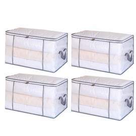 [80L/4 Pack] Large Clothes Storage Bags, Plastic Blanket Storage Bags with Zipper, Clear Window Closet Organizers and Storage Container Bins for Bedding, Comforters, Pillows, Toys, Moving Supplies