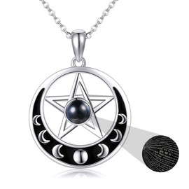 URONE Pentagram Necklace Sterling Silver Crescent Moon Phase Pentacle 100 Languages I Love You Pendant Wiccan Jewellery Gifts for Women Girls