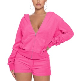 SMSN Women 2 Piece Outfits Sweatsuit Shorts Sets, Velvet Tracksuit Long Sleeve Hooded Zipper Jacket Casual Sweat Set Rose Red XL