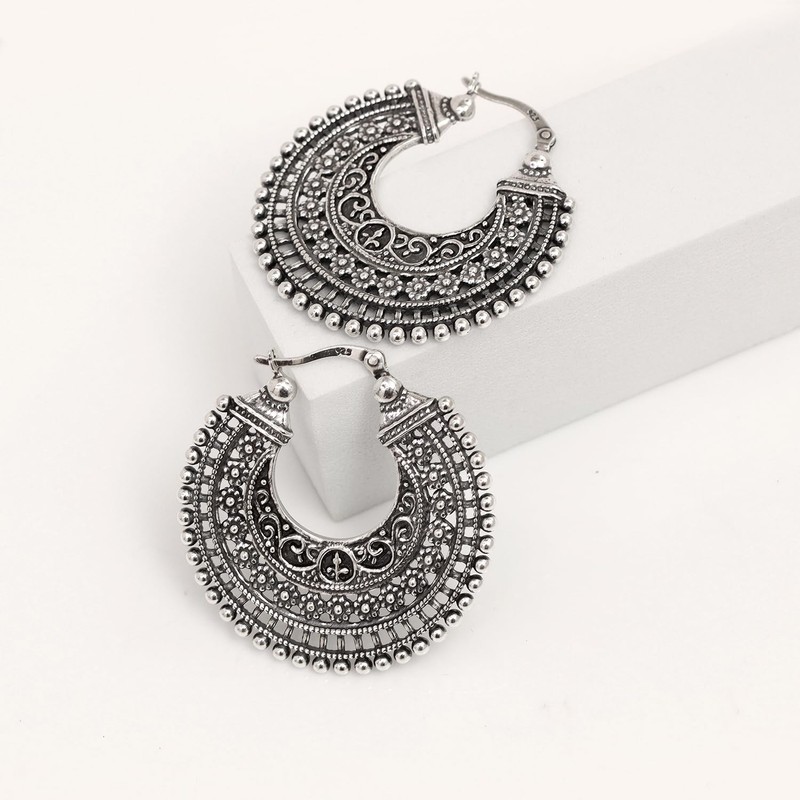 LeCalla 925 Sterling Silver Filigree Earrings Small Antique Oxidised Click