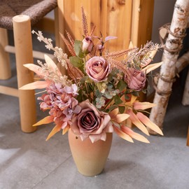 Yorkmills Artificial Roses with Vase, Silk Fake Hydrangea, Autumn Flowers Bouquets Eucalyptus Fall Flower Arrangment Spring Decor Suitable for Home, Table Centerpieces Decorations