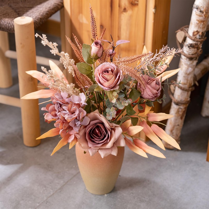 Yorkmills Artificial Roses with Vase, Silk Fake Hydrangea, Autumn Flowers